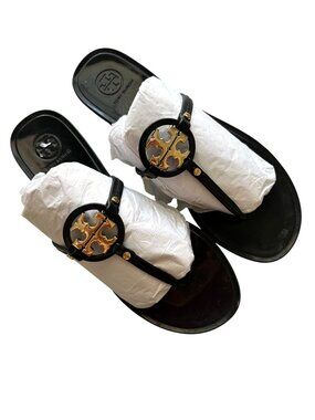 Tory Burch Women's Sz 9 Miller Black Sandals With Gold Logo Accents